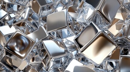 Poster - Shiny metallic cubes and cylinders arranged in a complex, interlocking pattern, highlighting their reflective surfaces and dynamic contrasts in an abstract design.