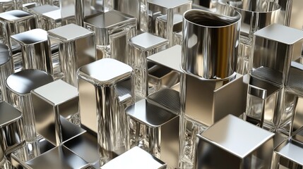 Poster - Shiny metallic cubes and cylinders arranged in a detailed interlocking pattern, emphasizing their reflective surfaces and the play of light and shadow in a sophisticated display.