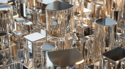 Poster - Shiny metallic cubes and cylinders arranged in a detailed interlocking pattern, emphasizing their reflective surfaces and the play of light and shadow in a sophisticated display.