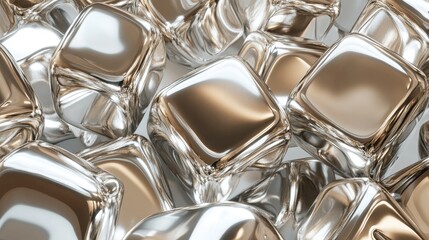 Poster - Shiny metallic cubes and cylinders interlocked in a complex arrangement, reflecting light and creating a visual contrast of smooth surfaces and intricate geometric patterns.