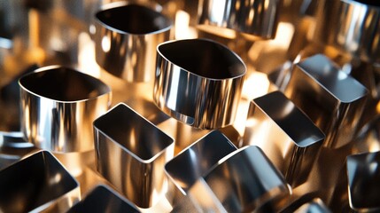 Poster - Shiny metallic cubes and cylinders interlocked in a complex arrangement, reflecting light and creating a visual contrast of smooth surfaces and intricate geometric patterns.
