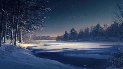 Poster - Snow-covered landscape at twilight, with trees casting long shadows on the frozen lake's surface.
