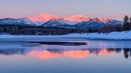 Poster - Snowy mountain range with vibrant sunrise colors reflecting off a calm, icy lake in the peaceful early morning light.