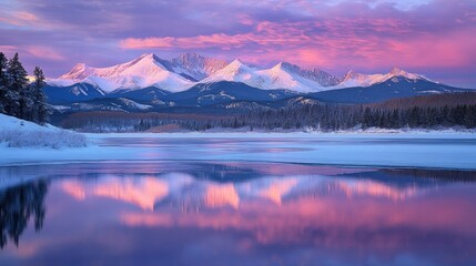 Poster - Snowy mountain range with vibrant sunrise colors reflecting off a calm, icy lake in the peaceful early morning light.