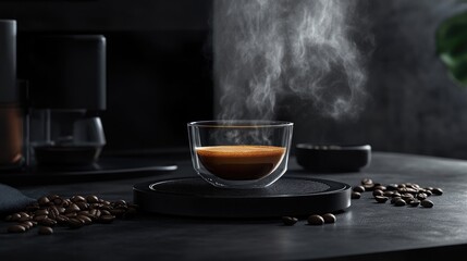Poster - The luxurious flow of espresso into a tilted glass, capturing the steam and crema developing, with coffee beans framing the rustic scene for a cozy, indulgent atmosphere.
