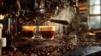 Poster - The luxurious flow of espresso into a tilted glass, capturing the steam and crema developing, with coffee beans framing the rustic scene for a cozy, indulgent atmosphere.