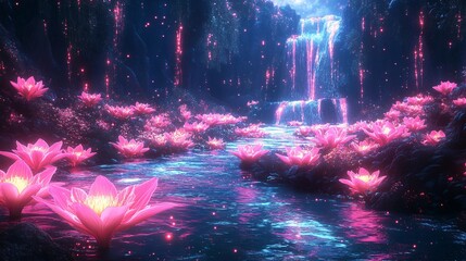 Wall Mural - a glowing valley with rivers of liquid light flowing through neon-colored flowers