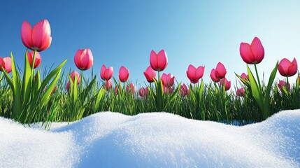 Poster - Tulips and lush grass sprouting from the remnants of melting snow, under a clear blue sky, heralding the shift from winter to spring.