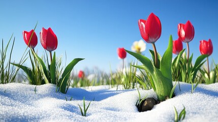 Poster - Tulips and lush grass sprouting from the remnants of melting snow, under a clear blue sky, heralding the shift from winter to spring.
