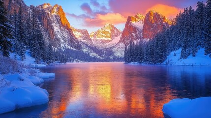 Poster - Vibrant sunrise colors reflecting on a serene icy lake, surrounded by snow-covered mountain peaks in the early morning light.