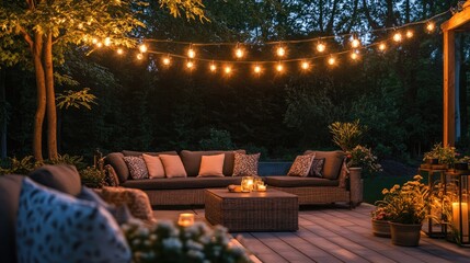 Poster - Warm golden string lights hanging in a cozy outdoor setting, creating an inviting and festive atmosphere perfect for intimate gatherings and celebrations.
