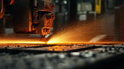 Poster - Automated laser cutter precisely cutting metal sheet, generating cascade of bright sparks in modern industrial factory, showcasing advanced manufacturing technology