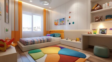 Wall Mural - Fun and functional kids' room with a single bed, plenty of floor space for play, and a colorful rug as the centerpiece