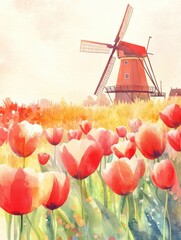Poster - Vibrant tulip fields with a windmill in spring showcasing colorful watercolor illustration and spacious text area. Generative AI
