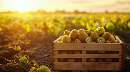 Poster - Wooden box filled with fresh kiwi fruit, placed on a field as the sunset casts warm light over the harvest, symbolizing healthy, natural farming.
