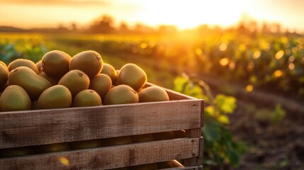 Poster - Wooden box filled with fresh kiwi fruit, placed on a field as the sunset casts warm light over the harvest, symbolizing healthy, natural farming.