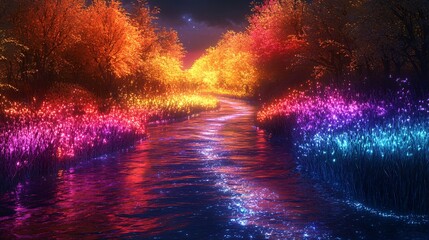 Wall Mural - a surreal river flowing with sparkling liquid silver, surrounded by glowing rainbow reeds