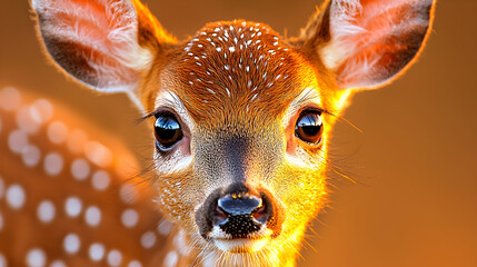 Wall Mural - Fawn portrait, sunset background, wildlife close-up, nature imagery