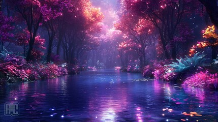 Wall Mural - a whimsical swamp where the water is a deep iridescent purple, reflecting the neon trees around it