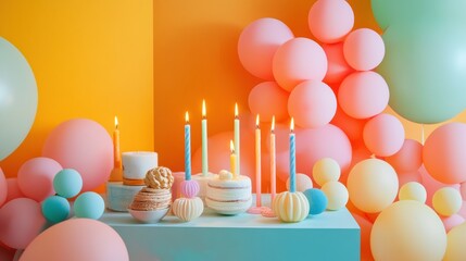 Poster - Colorful birthday table adorned with vibrant balloons and glowing candles for a joyful celebration with friends and family. Generative AI