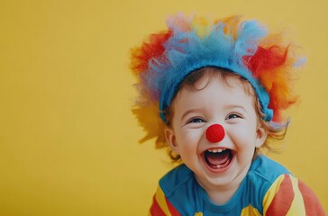 Wall Mural - A cute, little clown baby wearing colorful hair, a red nose, and a blue hat is laughing heartily while standing against a yellow background