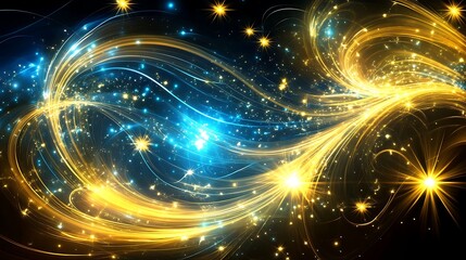 Poster - Golden Streams of Light and Blue Stellar Sparks Abstract Design Cosmic Splendor and Celestial Symphony