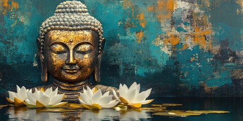 Wall Mural - A digital painting of a Buddha's face surrounded by lotus flowers, with a water surface in front of the figure, featuring a turquoise and gold color scheme