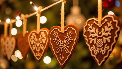 Wall Mural - Gingerbread hearts decorated for Christmas on a festive background, Gingerbread Heart, Oktoberfest