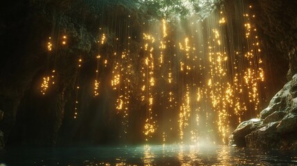 Wall Mural - a fantastical canyon where glowing vines hang from the cliffs, illuminating the deep crevices