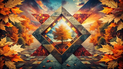 Wall Mural - Geometric Plaid Nature Background: Abstract Autumn Leaves & Stone Textures