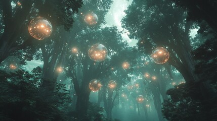 Wall Mural - a surreal jungle where trees have floating orbs of glowing energy hovering around them