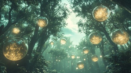 Wall Mural - a surreal jungle where trees have floating orbs of glowing energy hovering around them