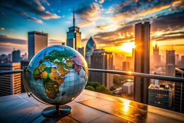 Wall Mural - Global Perspective: World Globe on Architectural Rooftop at Sunset