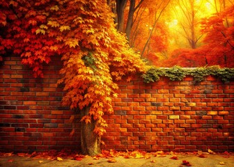 Wall Mural - Golden Brick Wall Autumn Leaves Fall Season Background Texture