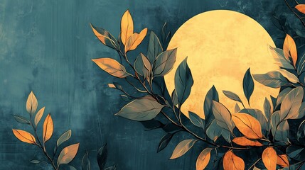 Wall Mural - Golden Moonlit Branches Teal Night Sky. AI Generated