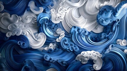 Poster - Abstract blue and white smoke swirls, dynamic fluid patterns in a vibrant design, ideal for backgrounds or artistic themes.