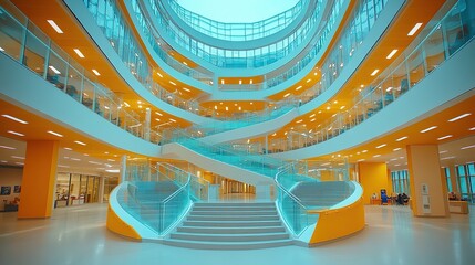 Wall Mural - Modern building atrium staircase, vibrant interior, people relaxing