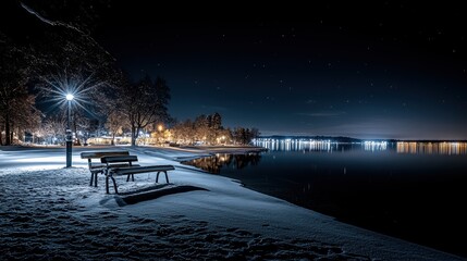 the northern lights over a winter landscape covered with snow, lake in the background.