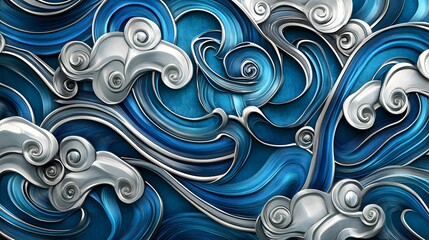 Poster - Dynamic abstract waves in shades of blue and white, fluid motion evokes energy and serenity, perfect for creative projects.