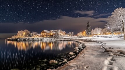 the northern lights over a winter landscape covered with snow, lake in the background.