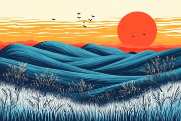 Wall Mural - Vibrant sunset over rolling hills and serene landscape with gentle grasses and flying birds in the sky