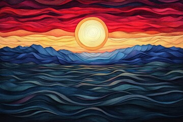 Wall Mural - Vibrant sunset over tranquil mountains and ocean waves with swirling colors in a serene landscape