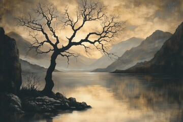 Wall Mural - Misty landscape at sunset featuring a solitary tree by the lake among mountains