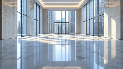 Wall Mural - Modern lobby, city view, marble floor, sunlight, empty space, corporate meeting