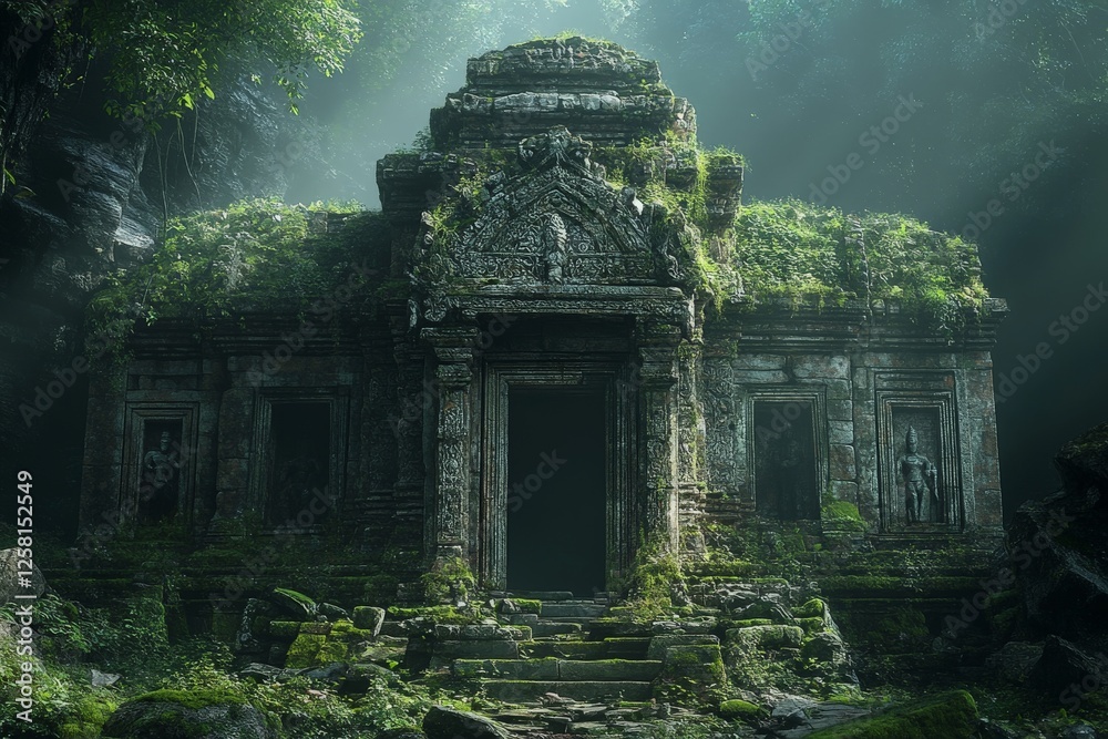 Ancient temple ruins surrounded by lush greenery and mist in a mystical ...