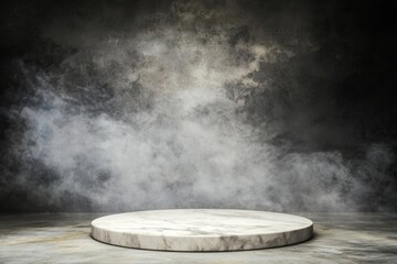 Poster - A minimalist studio backdrop featuring a circular marble platform surrounded by ethereal smoke and textured wall.