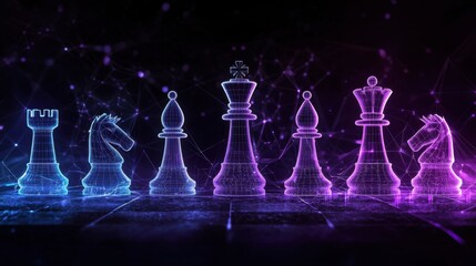 Poster - Futuristic Neon Chess Pieces in Abstract Digital Space