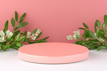 Poster - A minimalist scene featuring a round pedestal against a soft pink backdrop, complemented by delicate leaves and flowers.