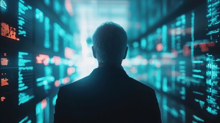 Wall Mural - A silhouette of a man standing in a digital landscape filled with glowing data and codes, representing technology and innovation.