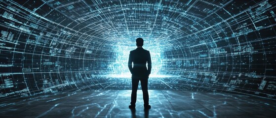 Poster - A silhouette of a businessman against a futuristic digital backdrop, symbolizing technology, innovation, and progress in the digital era.